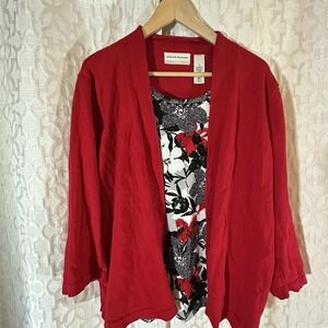 Alfred Dunner Womens 1X Red Open Cardigan W/ Floral Print Tank Top Built-In D-25